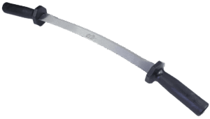 Curved file tool with two black handles, perfect for smoothing surfaces like a Necker #600 Fleshing Knife.