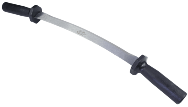 Curved file tool with two black handles, perfect for smoothing surfaces like a Necker #600 Fleshing Knife.