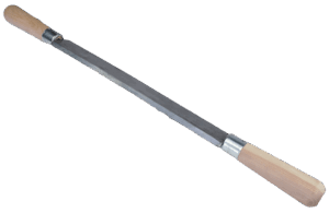 The Two-Handled Fleshing Tool has wooden handles, a straight metal blade, and is displayed on a white background.