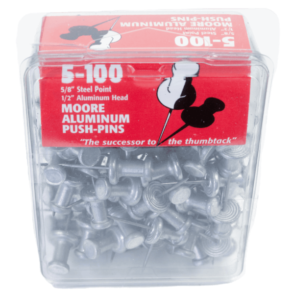 A clear plastic box of Aluminum Push Pins with 5/8" steel points, ideal for wooden stretchers.