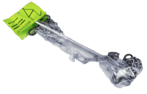 Skinning Gambrel includes chain assembly with hooks in a clear plastic wrap, labeled green with instructions.
