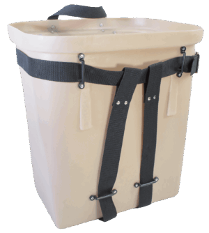 18" Fiber Tuff beige plastic basket with black adjustable straps and top handle.