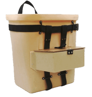 A beige 18" Fiber Tuff Pack Basket with black straps and a side attached lure pouch for carrying.