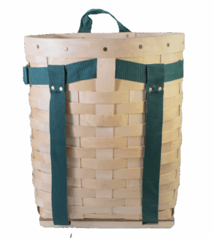 Trapping Basket with green straps, handle, and a flat back for comfortable carrying.
