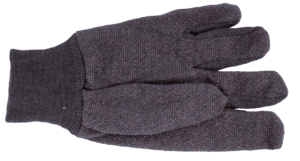 A dark gray, textured Cloth Glove with gripper dots and three fingers lays flat on a white background.