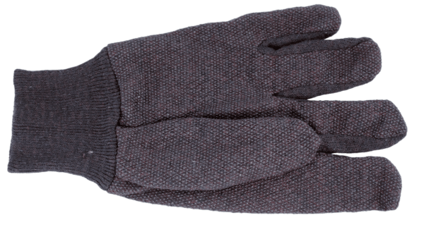 A dark gray, textured Cloth Glove with gripper dots and three fingers lays flat on a white background.