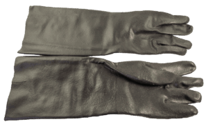 Two 18" Trapper's Waterproof Gauntlets in black rubber are laid flat side by side on a white background.