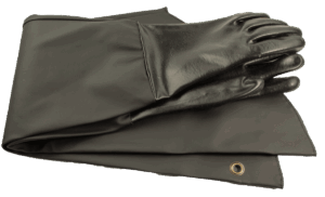 Jomac 31-Inch Gauntlet gloves rest on a matching rubber apron with a metal grommet.