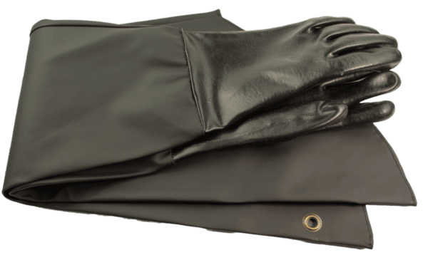 Jomac 31-Inch Gauntlet gloves rest on a matching rubber apron with a metal grommet.