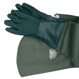 Cold Creek 31-Inch Gauntlet gloves with logo on wrist, flat against gray background.