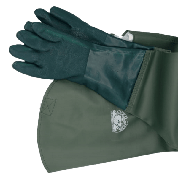Cold Creek 31-Inch Gauntlet gloves with logo on wrist, flat against gray background.