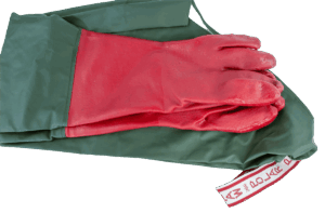 Polar Paws 31-Inch Gauntlet placed on a folded green apron with a white strap.