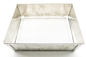 Stainless Steel Dirt Sifter with perforated mesh bottom and solid sides on a white surface.