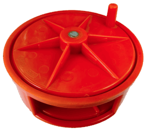 Red plastic lid with raised star design and handle; fits the E-Z Wire Reel perfectly.