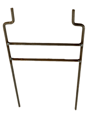 Rusty metal Body Trap Holder with two horizontal bars and vertical prongs, ideal for supporting plants or structures.