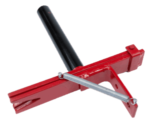 Red metal bracket with black handle and spring, perfect as a Bench Mount Tail Puller.