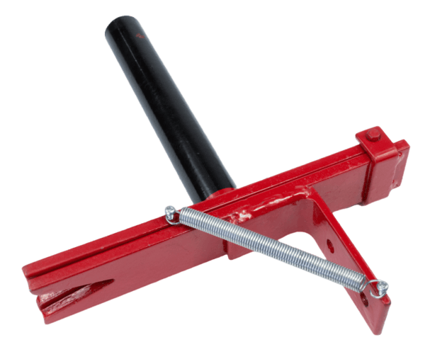 Red metal bracket with black handle and spring, perfect as a Bench Mount Tail Puller.