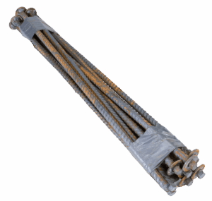 Rusted rebar stakes, 24"x1/2", tied with gray tape, isolated on white background.