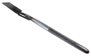 A metal scalpel with a long handle and flat blade, ideal for precision tasks, just like The Jim Digger trowel.