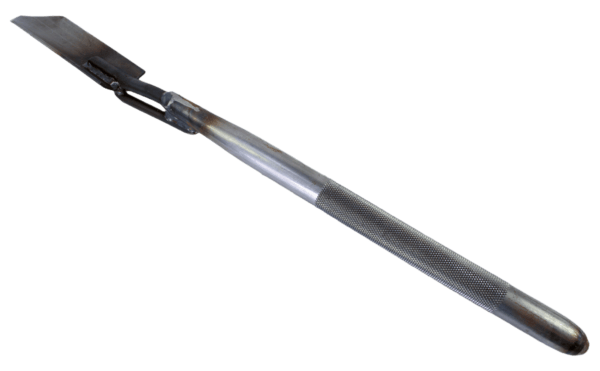 A metal scalpel with a long handle and flat blade, ideal for precision tasks, just like The Jim Digger trowel.