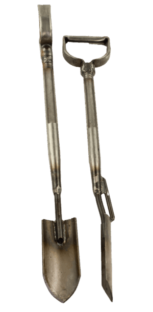 Two metal shovels with textured handles featuring a pointed blade and The Jim Digger II Trapper Trowel with a flat blade.