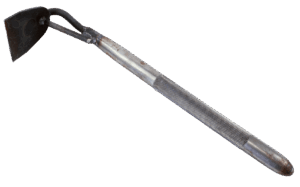 Close-up of The Sod Devil Hoe by J C Conner, featuring a textured handle and flat triangular blade.