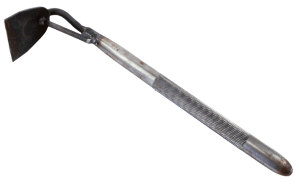 Close-up of The Sod Devil Hoe by J C Conner, featuring a textured handle and flat triangular blade.