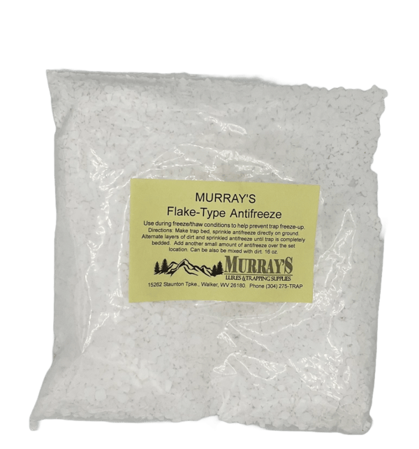 Murray's Trapline Antifreeze is a bag of no-freeze white flakes for trapping and outdoor use.