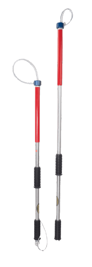 Two Ketch-All Release Poles, red/silver with black grips and wrist straps, upright side by side.
