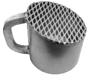 Texas Tea Cup Dirt Sifter with grid top and handle, shown at an angle.