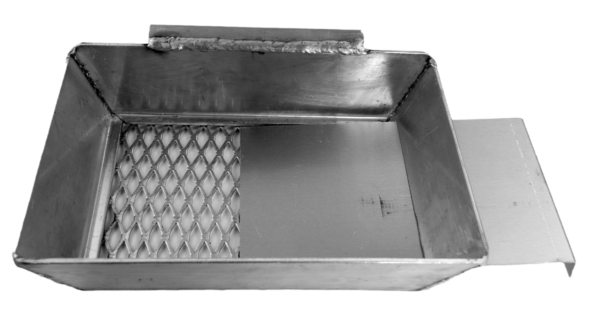 The Dirt Buster Sifter: metal container with mesh side, solid base, and top handle—ideal for sifting dirt.