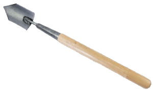 A Wooden Handle Trowel with an angled metal blade is designed to demonstrate its length and blade surface.