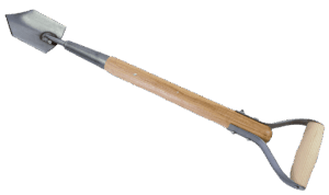 A Wooden Handle Trowel with metal blade and D-grip is designed for digging and moving soil.