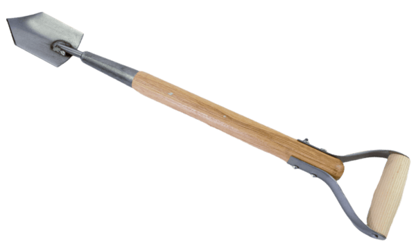 A Wooden Handle Trowel with metal blade and D-grip is designed for digging and moving soil.