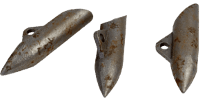 Three Fox Hollow Original Super Stakes - Ends Only, rusted and pointed, shown with attachment holes on a plain background.