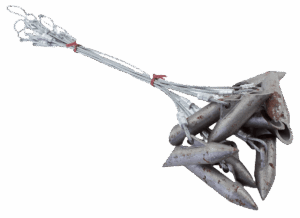 A bundle of Fox Hollow Original Super Stakes with cable; includes pointed weights and shows signs of rust.