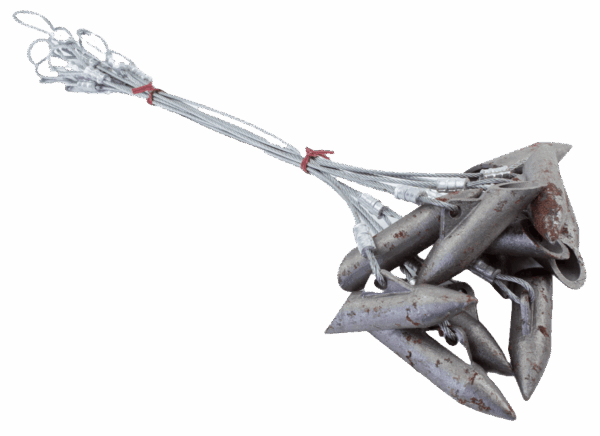 A bundle of Fox Hollow Original Super Stakes with cable; includes pointed weights and shows signs of rust.