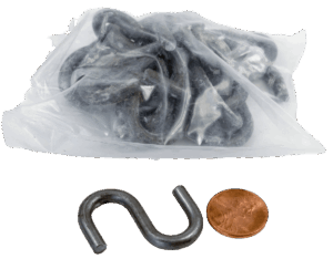 A bag of Mighty Hooks with one hook outside, shown next to a penny for scale.
