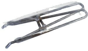 Rusty metal bicycle rear rack, similar to an MB750 Trap Setter, shows wear and corrosion on a white background.