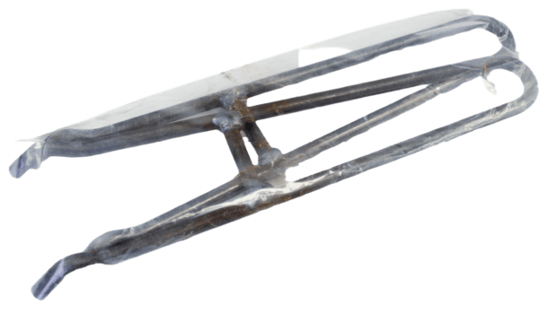 Rusty metal bicycle rear rack, similar to an MB750 Trap Setter, shows wear and corrosion on a white background.