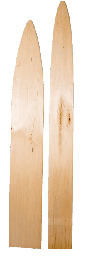 Two Basswood Raccoon Stretchers with pointed tops and natural grain patterns stand side by side against a white background.