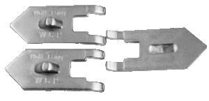 Three metal clips labeled "Wolf Fang Earth Anchors": two with tabs on the left, one trap stake on the right without tabs.