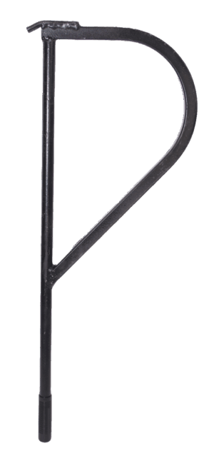 Black metal shepherd's hook with a curved top, ideal for the Bulldog Stake Puller, shown on a white background.