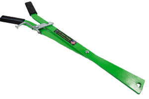 A Coon Creek Locking Trap Setting Tongs with a metal handle and rubber grips, perfect for green carpet installation.