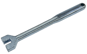 The Fox Hollow Trap Pan Adjuster Tool is a metal spoke wrench with a flat notch and hanging hole on a white background.