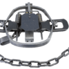 Bridger #1.65 Offset Jaw Coil Spring Trap features two springs, a bait trigger, and an attached anchoring chain.