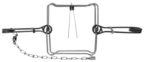 Bridger #330 Body Grip Trap: square frame, coiled springs, attached chain for effective animal trapping.
