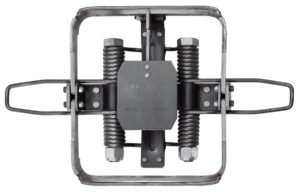 Bridger #9 Brawn Offset Laminated Jaw Wolf Trap with springs and clamps, marked "Made in Taiwan" on its frame.