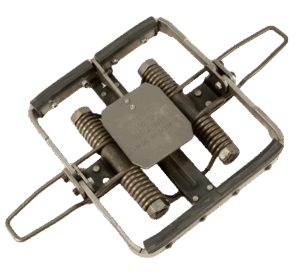 Bridger #9 Brawn rubber-padded trap with dual springs and serrated jaws, designed to snap shut.