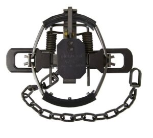 Bridger #1.65 Rubber Jaw Trap, central plate "Bridger No. 5 Japan," with an attached chain.